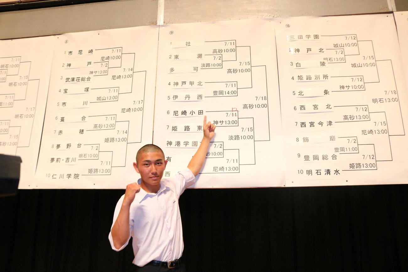 社の隈翼主将（3年）は社の入ったブロックを指さしながらガッツポーズを作る（撮影・林亮佑）＝2023年6月14日、明石市民会館
