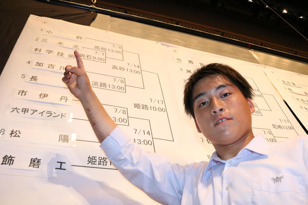 小野の入ったブロックを指さす市橋主将（撮影・林亮佑）