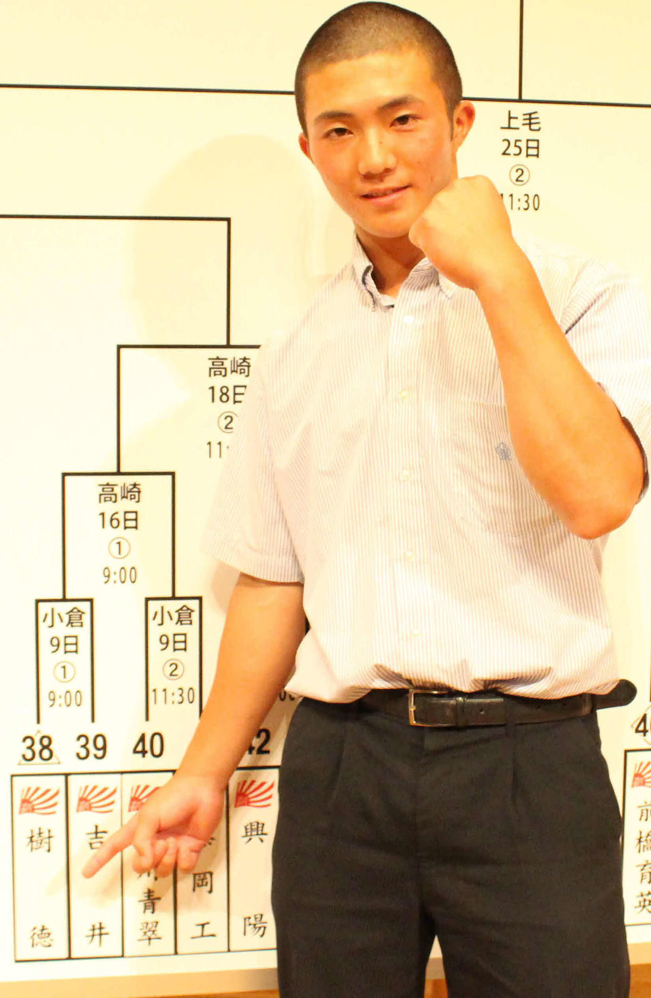 組み合わせ抽選会の結果を指さす樹徳・森主将（撮影・保坂恭子）