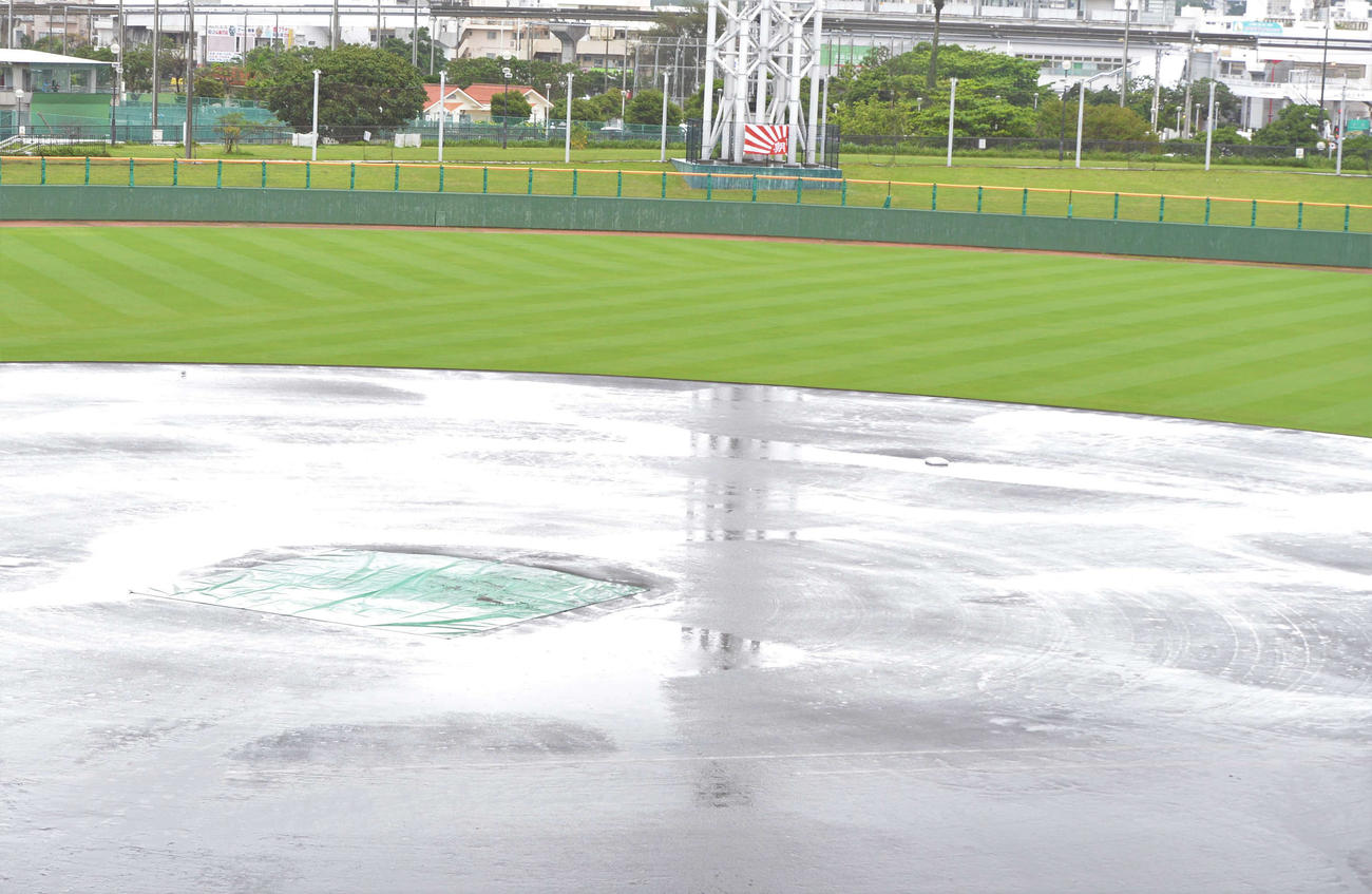 沖縄セルラースタジアム那覇は水たまりができている（撮影・佐藤究）
