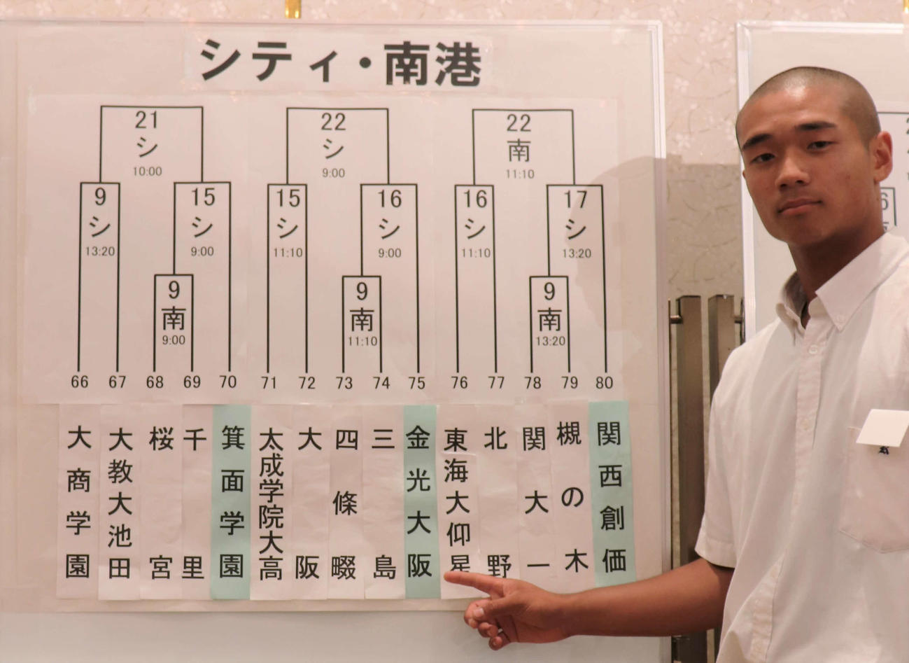組み合わせ抽選会に出席した金光大阪の主将・佐々木駿弥内野手（3年）（撮影・中島麗）