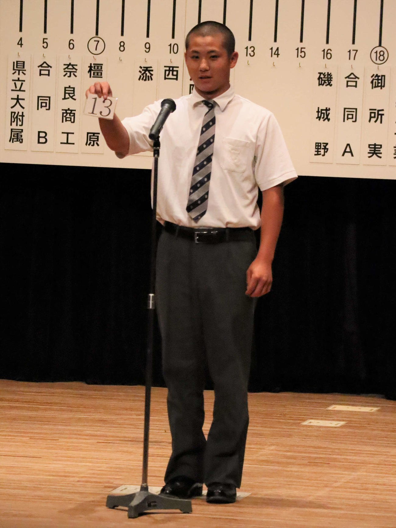 高校野球奈良大会抽選会に出席した奈良大付・武廣祐輝主将（撮影・村松万里子）