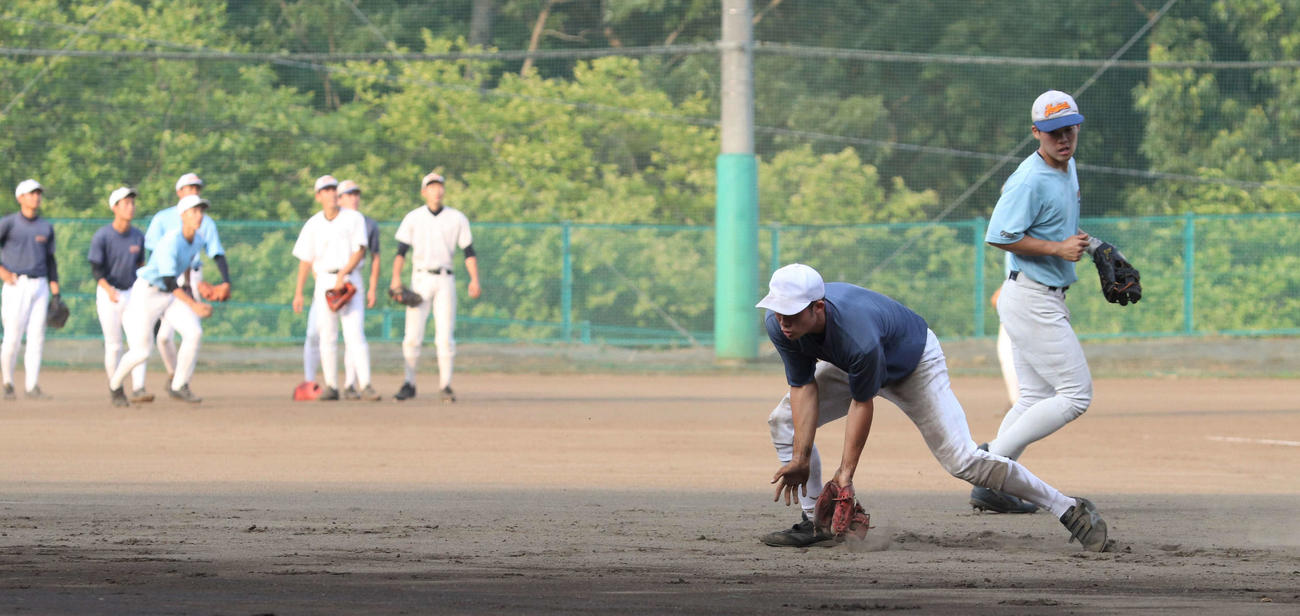 守備の練習に励む八王子学園八王子の野球部員（撮影・玉利朱音）