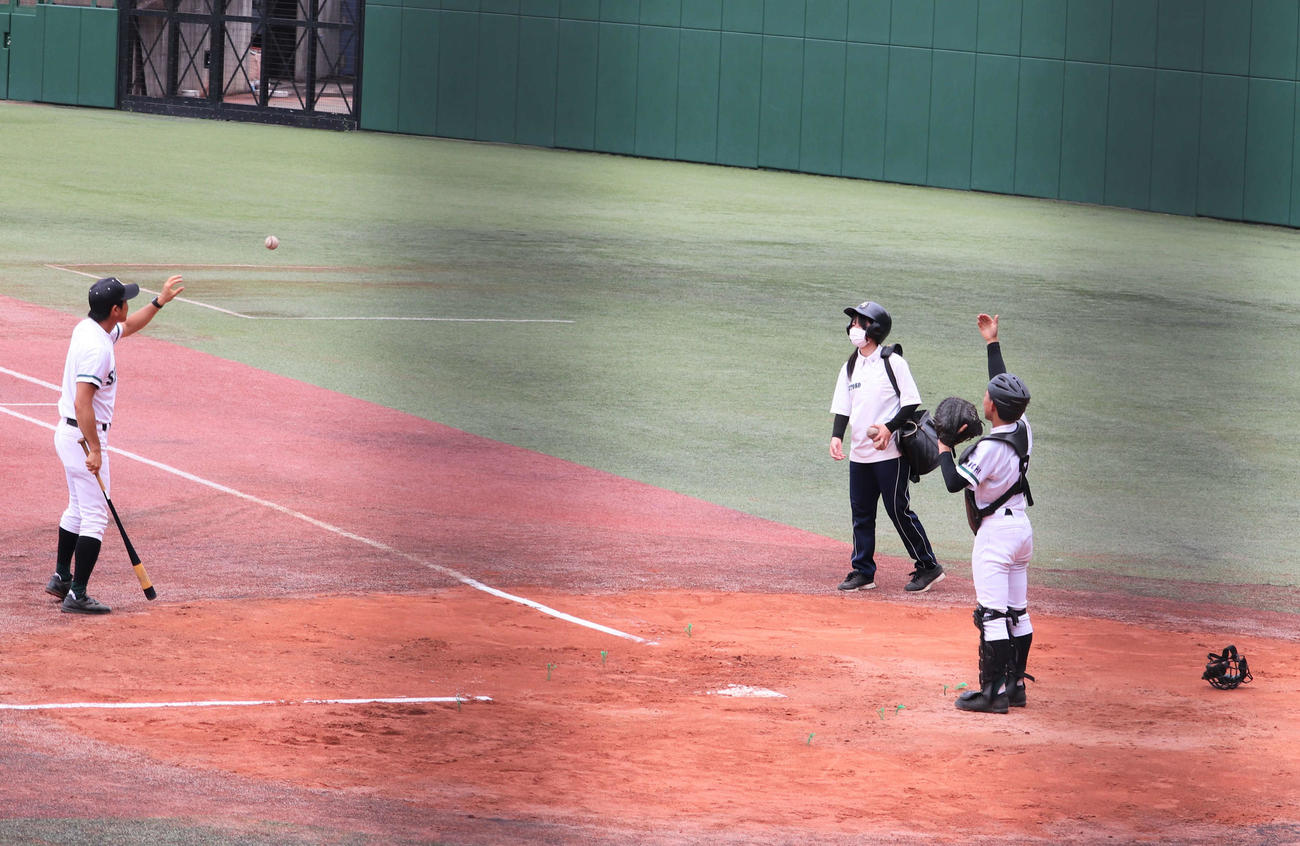 瀬戸工科対鳴海　練習に欠かせない“選手と同じヘルメット”をかぶってノックをサポートする瀬戸工科の女子マネージャー、川上美夢（みゆ、3年）さん（撮影・中島麗）