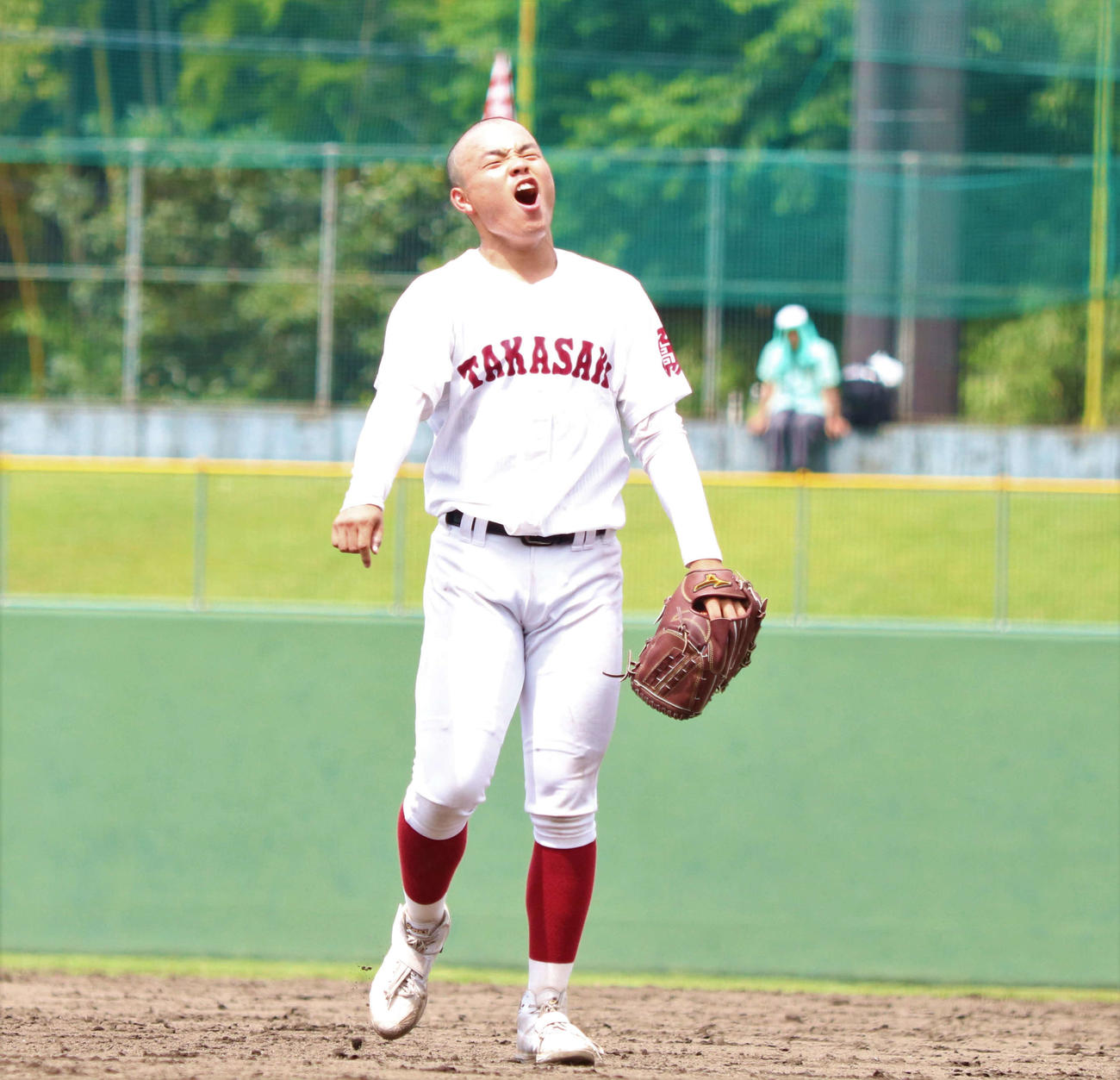 桐生工対高崎　勝利の瞬間に喜びを爆発させた堀越雅貴投手（撮影・黒須亮）　　　　　　　