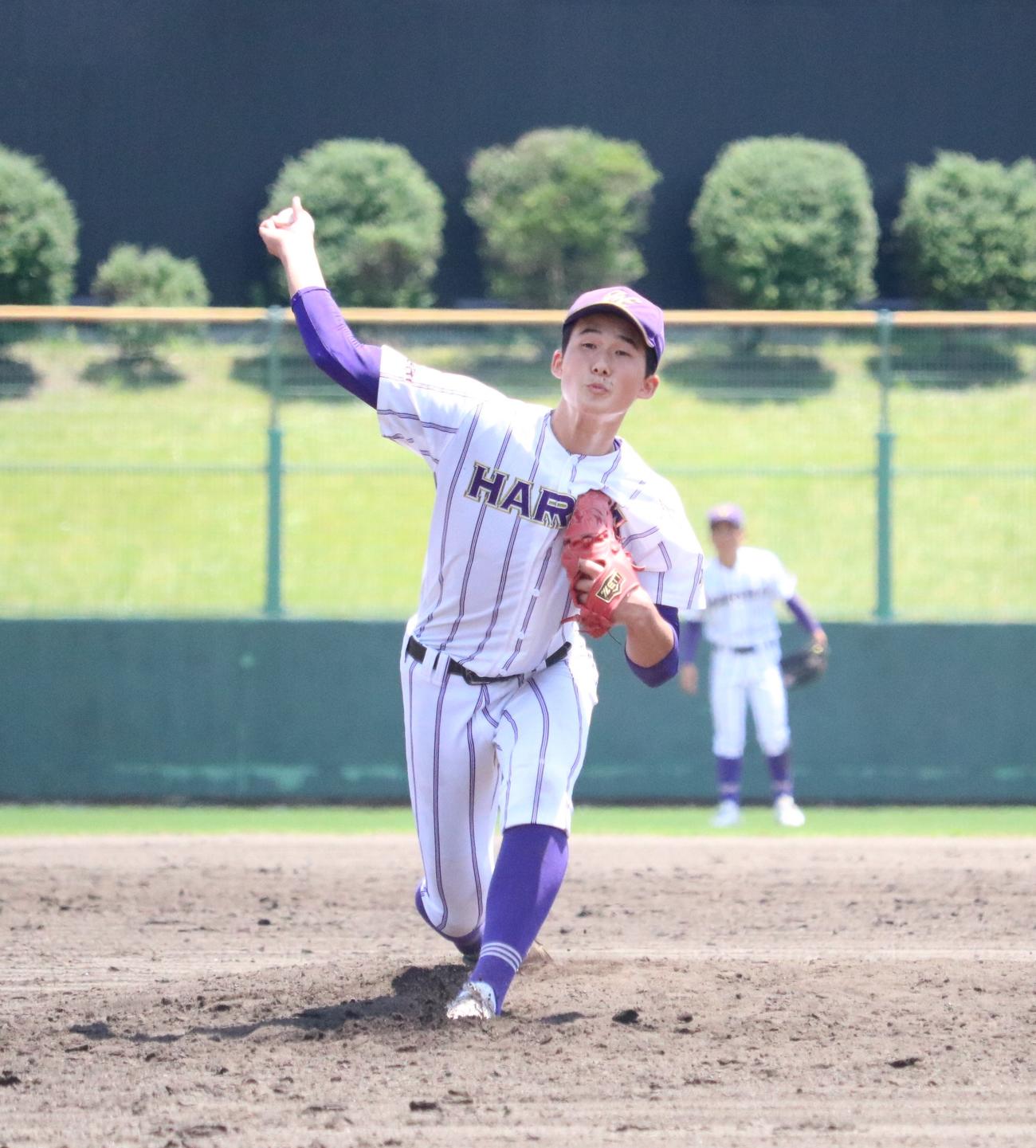 東播磨対伊川谷北　東播磨2番手で登板し6回2安打無失点に抑えた原田（撮影・林亮佑）