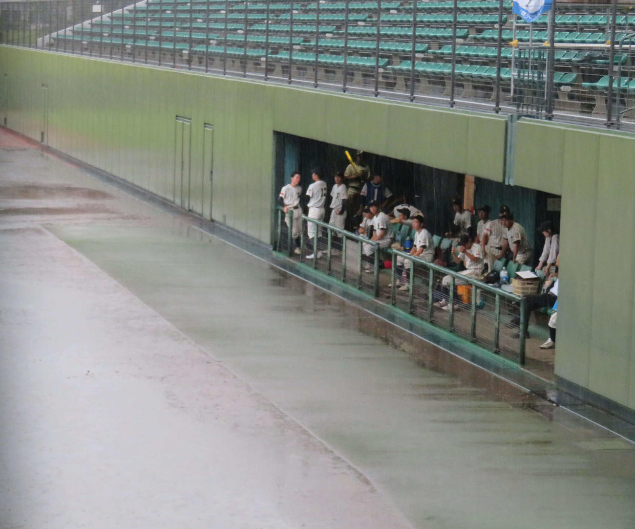 兵庫大会　明石清水－豊岡総合　降雨により、9回裏無死一、二塁で中断し、再開を待った豊岡総合の選手たち（撮影・磯綾乃）