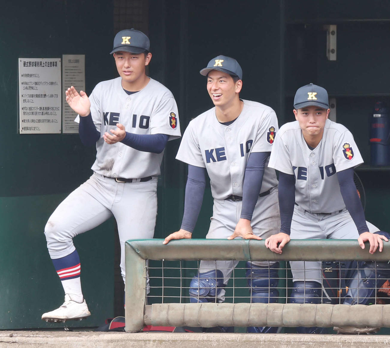 津久井浜対慶応　ベンチから鼓舞する慶応・清原（左）（撮影・宮地輝）