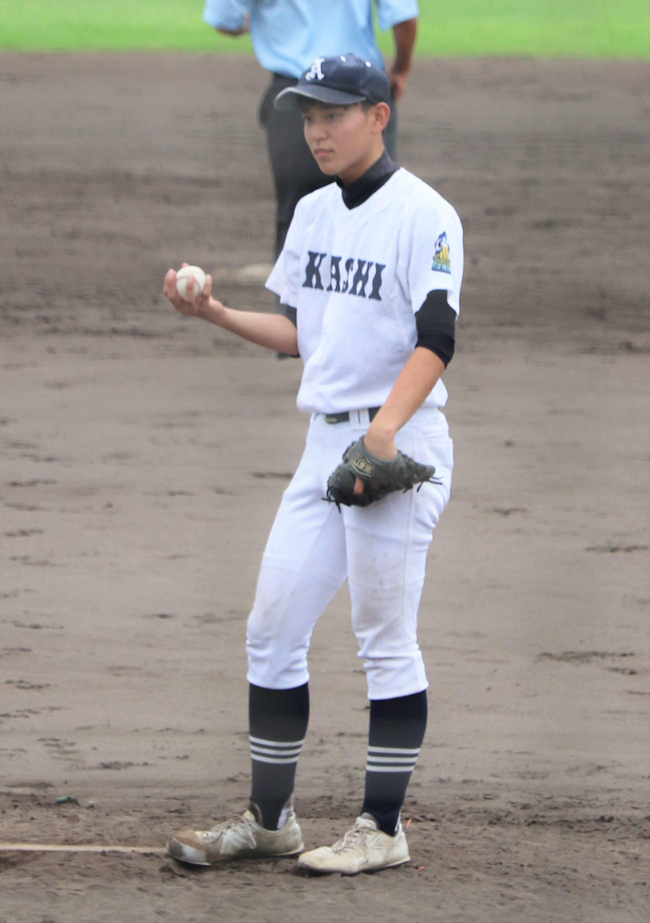 兵庫大会　明石対宝塚西　明石の先発はエース箱崎悠朔投手（3年）（撮影・中島麗）