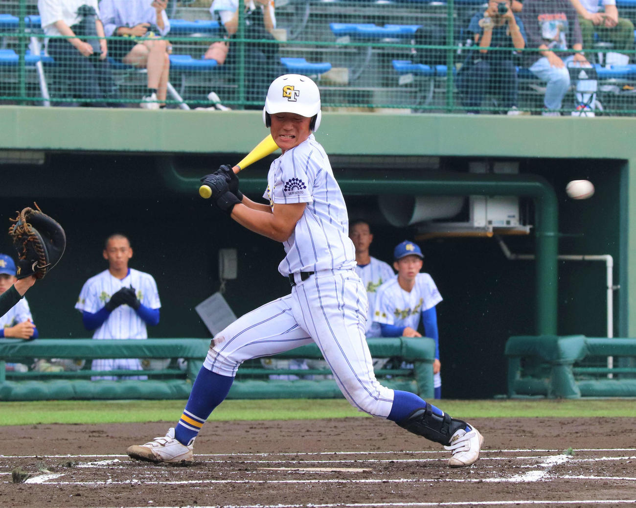 佐野対青藍泰斗　2回裏青藍泰斗無死、先頭の押山真登主将が死球で出塁する（撮影・黒須亮）