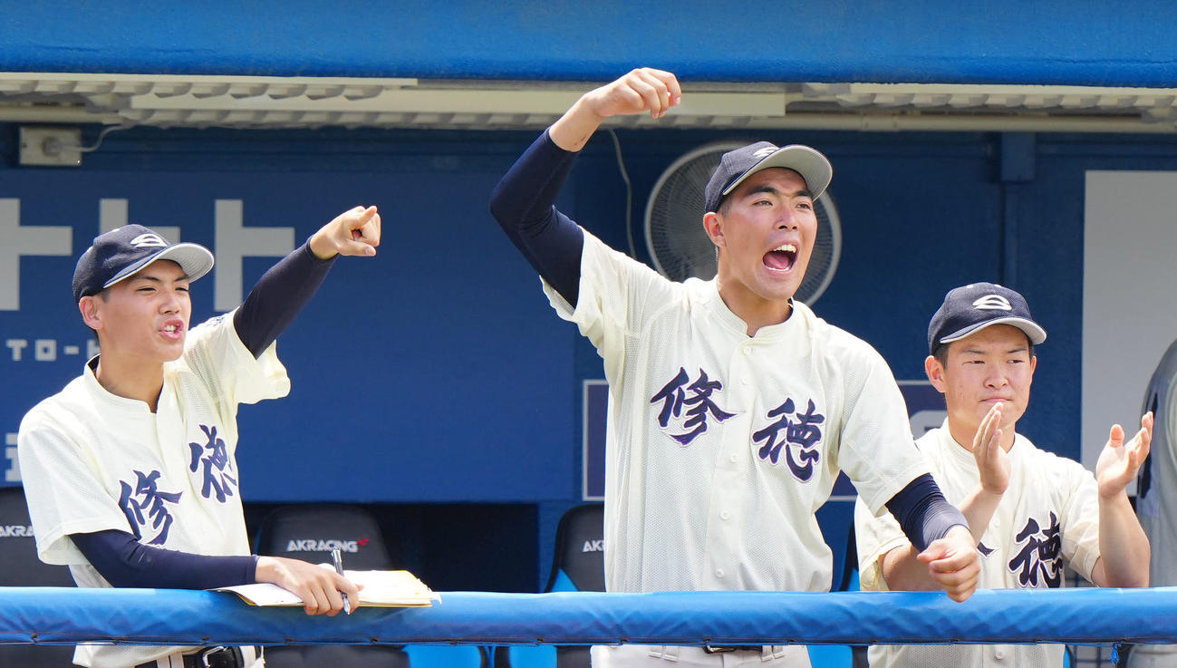 麻布対修徳　ベンチから声を出す修徳・篠崎（中央）（撮影・江口和貴）