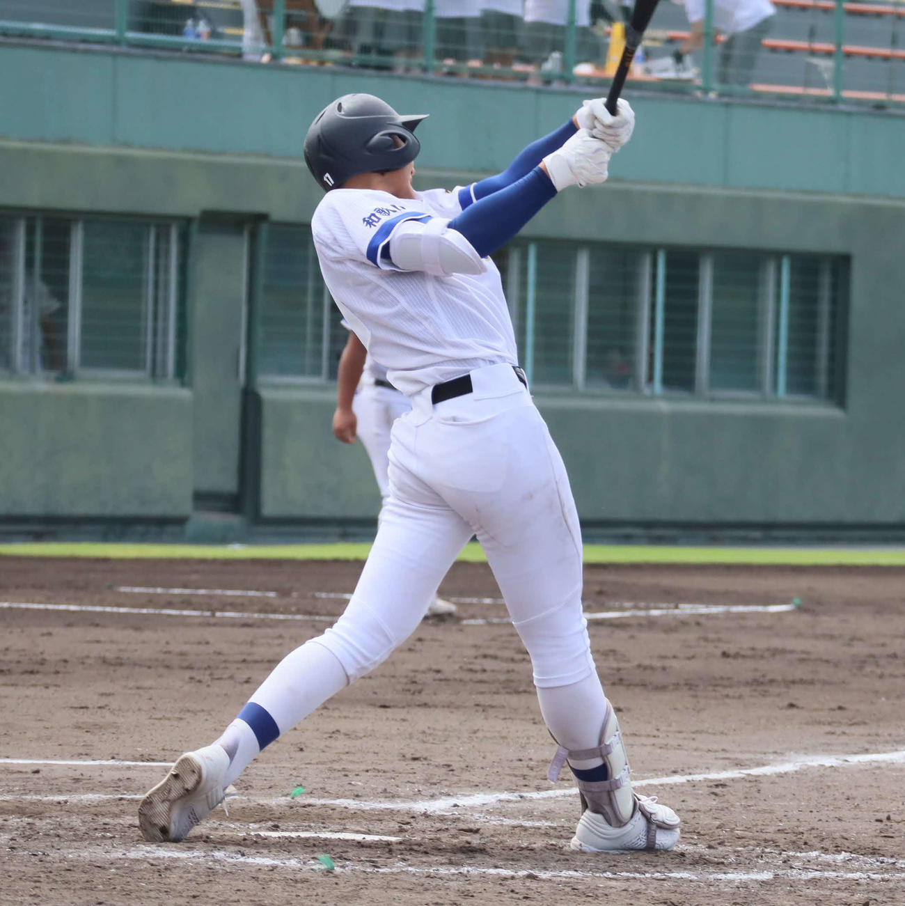 箕島対南部高竜神分校　5回2死満塁で右適時打を放つ、南部高竜神分校の山本晴投手（撮影・村松万里子）