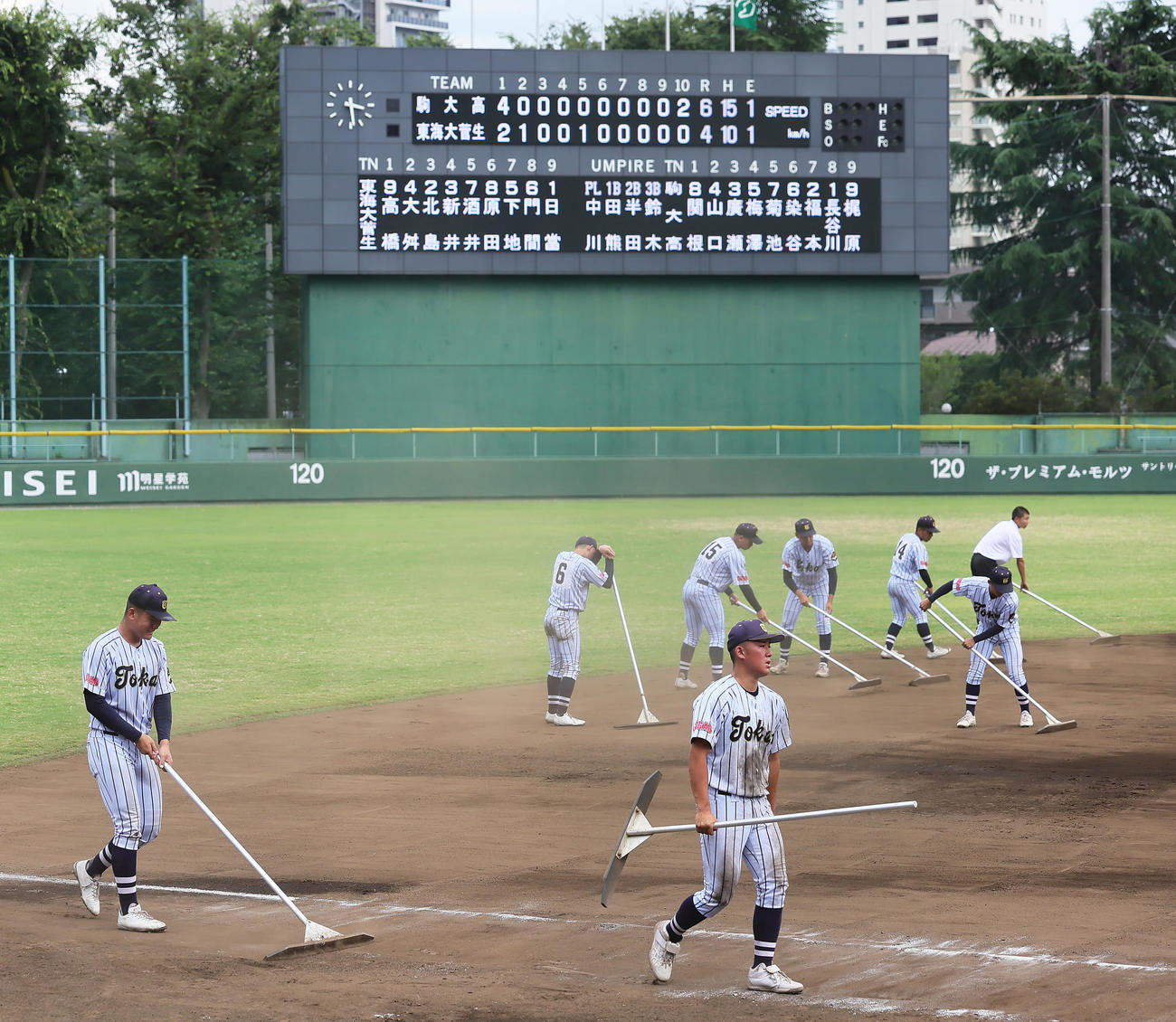 駒大高対東海大菅生　敗れ、肩を落としながら試合後のグラウンド整備を行う東海大菅生・日当（手前左）ら（撮影・足立雅史）