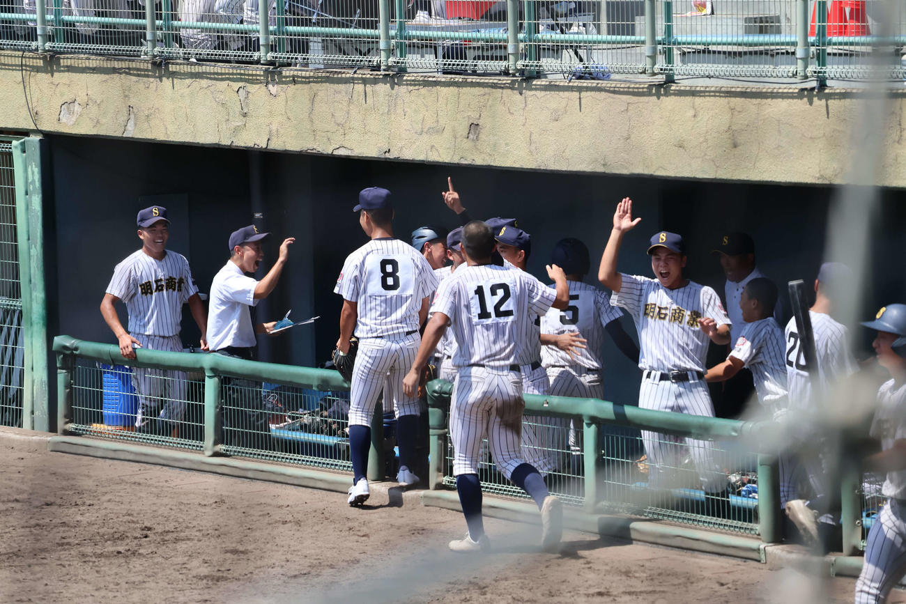 明石商対東播磨　3回表、4得点し喜ぶ明石商ナイン（撮影・奥谷爽）