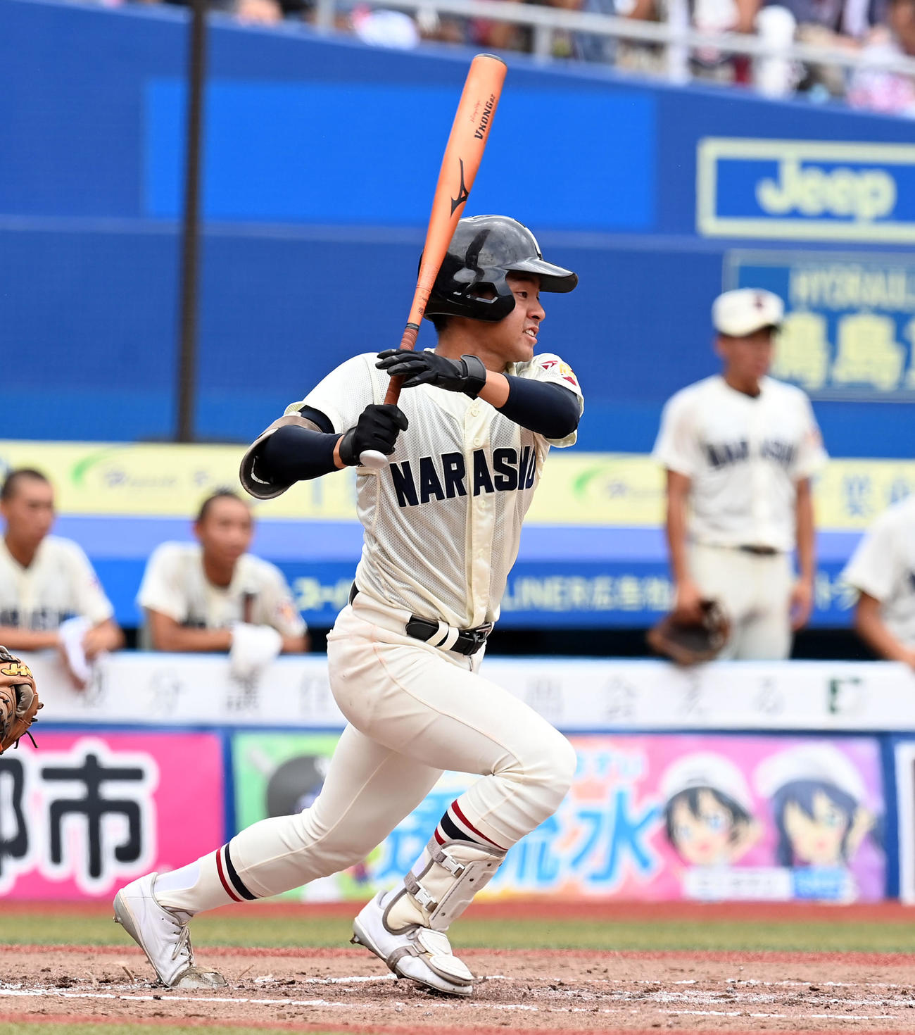 習志野対市船橋　2回表習志野2死二塁、適時打を放つ湯浅（撮影・たえ見朱実）