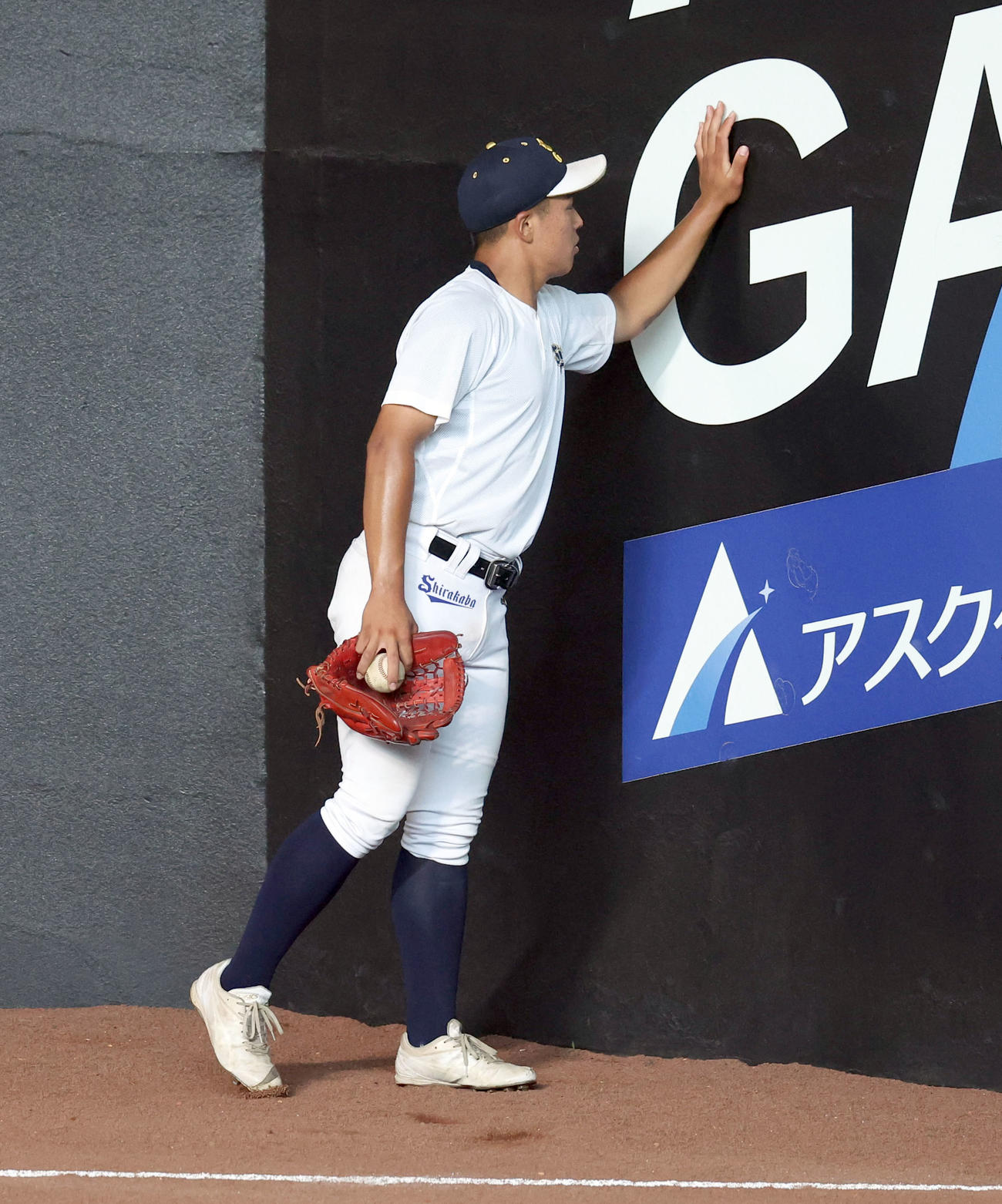 公式練習で外野フェンスをチェックする白樺学園の選手（撮影・佐藤翔太）