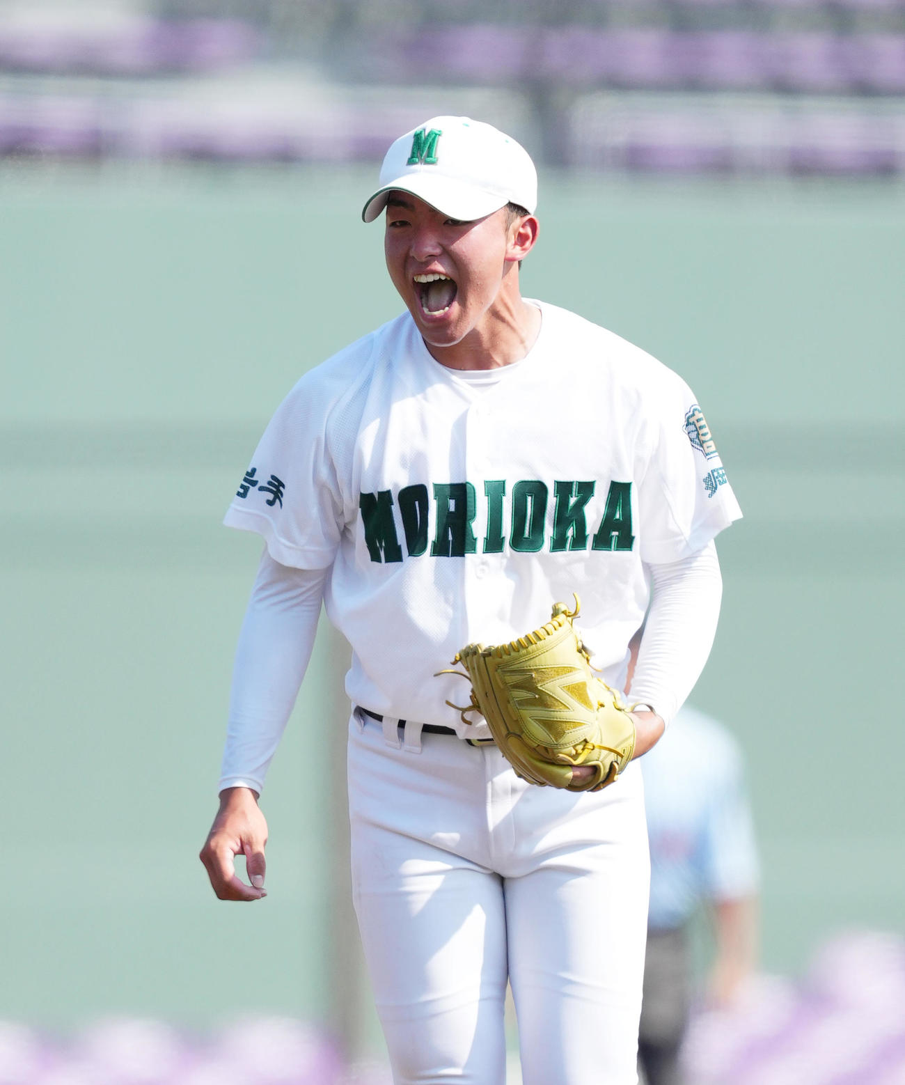 盛岡商対盛岡三　7回の投球を終え、雄たけびを上げる盛岡三・藤枝（撮影・菅敏）