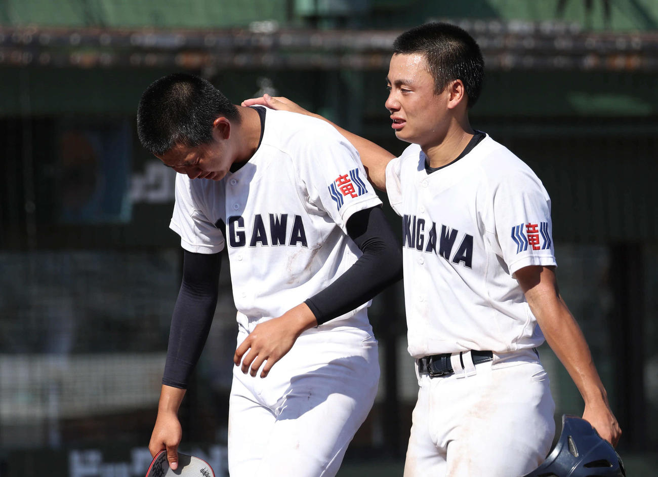 明石商対滝川二　試合に敗れて涙を流す坂井（左）の肩をたたいて慰める田村主将（撮影・白石智彦）