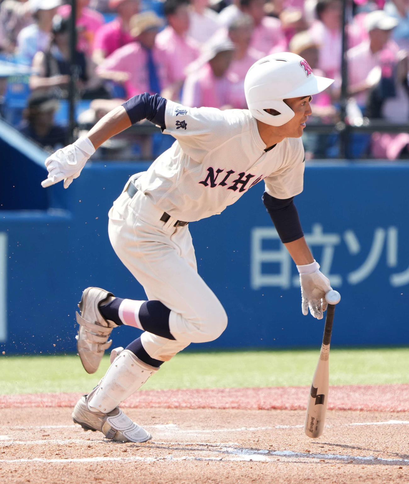 早大学院対日大鶴ヶ丘　6回裏日大鶴ヶ丘2死、中前打を放つ梶（撮影・小沢裕）
