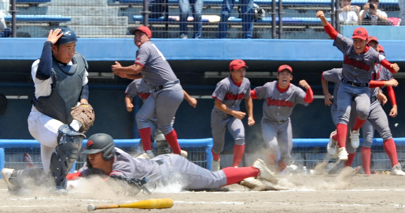 サヨナラ勝ちを決めて喜ぶ浜松開誠館ナイン　