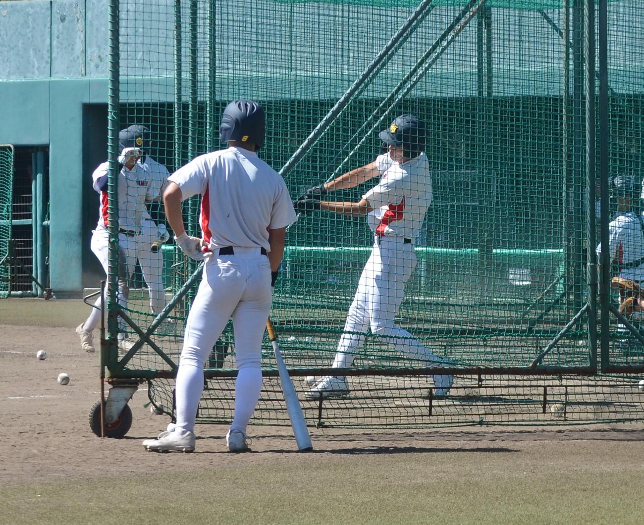 初戦の仙台育英戦に向けてバッティング練習を行う浦和学院ナイン（撮影・星夏穂）