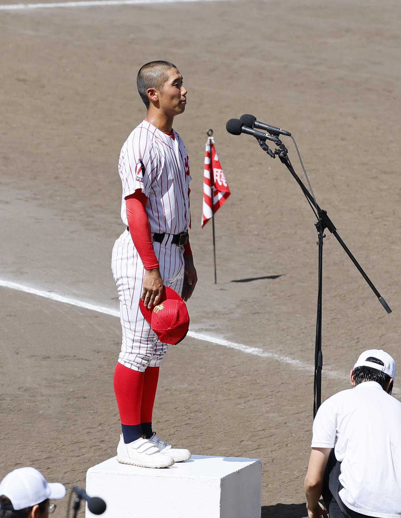 第105回全国高校野球選手権大会リハーサルで高知中央の西岡悠慎主将（撮影・藤尾明華）