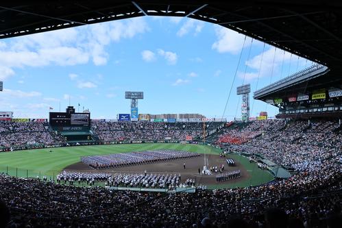 第105回全国高等学校野球選手権大会開会式で甲子園球場のグラウンドを行進する選手たち（撮影・上田博志）