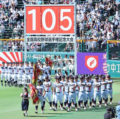 開会式で甲子園球場のグラウンドを行進するクラーク国際ナイン（撮影・上田博志）