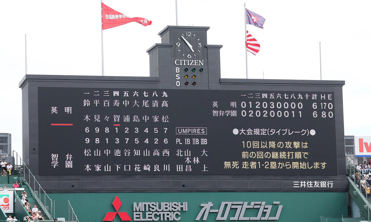 英明対智弁学園　9回で決着がつかずタイブレークに突入する（撮影・足立雅史）