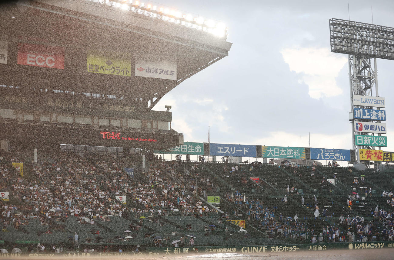 クラーク対花巻東　雨で中断する甲子園球場（撮影・宮地輝）