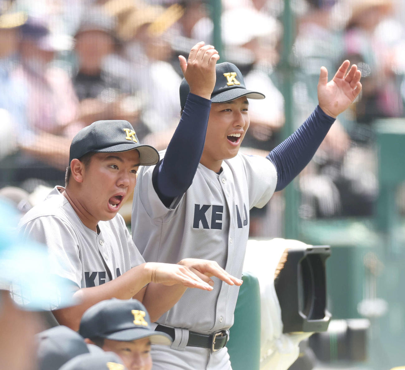 慶応対広陵　ベンチから盛り上げる慶応・安達（左）と清原（撮影・宮地輝）
