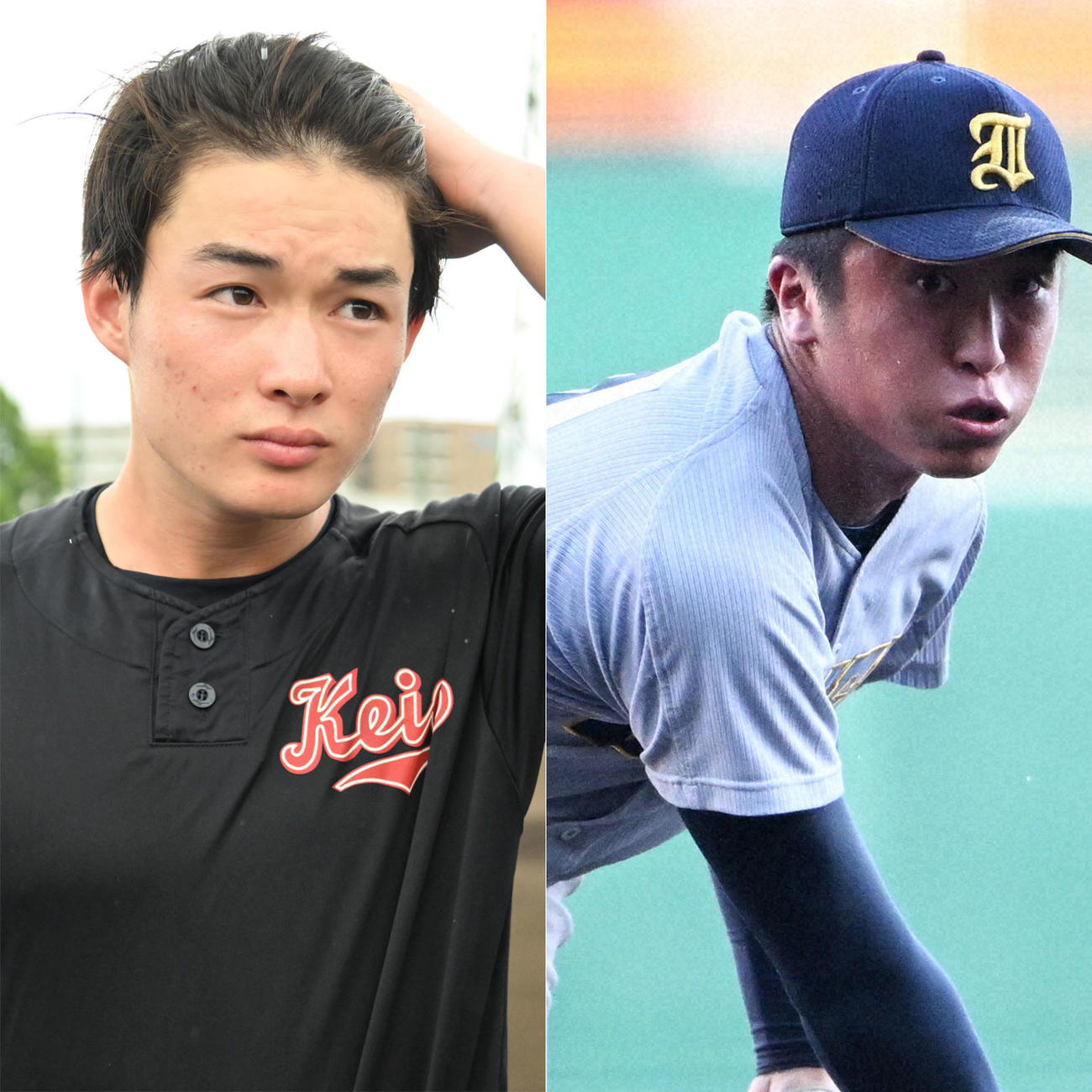 慶応・丸田湊斗（左）と仙台育英・湯田統真