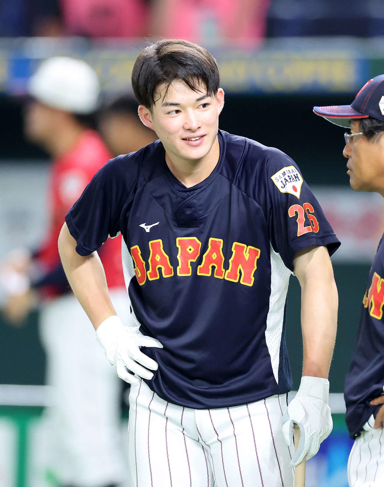 練習中、笑顔を見せる高校日本代表・丸田（撮影・鈴木正人）