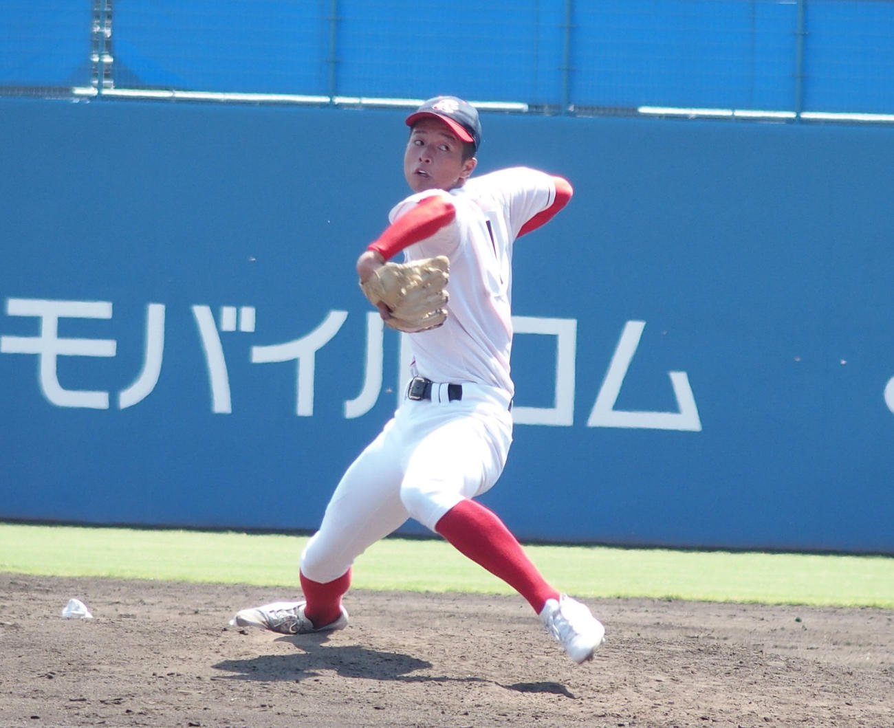 7月21日、聖カタリナ学園対帝京第五　先発して150キロをマークした聖カタリナ学園・河内（撮影・永田淳）