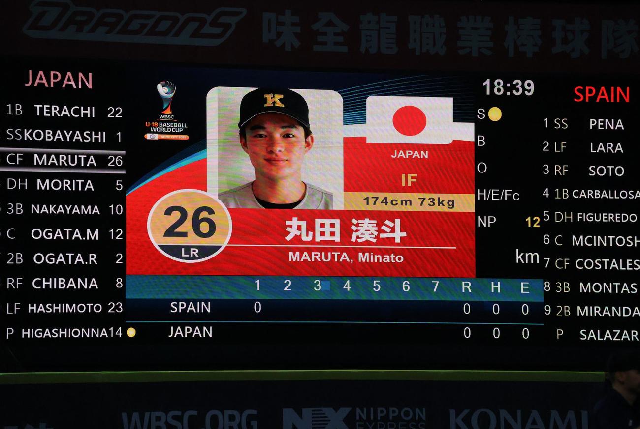 電光掲示板の選手紹介は各校の写真が使用されている（撮影・柏原誠）