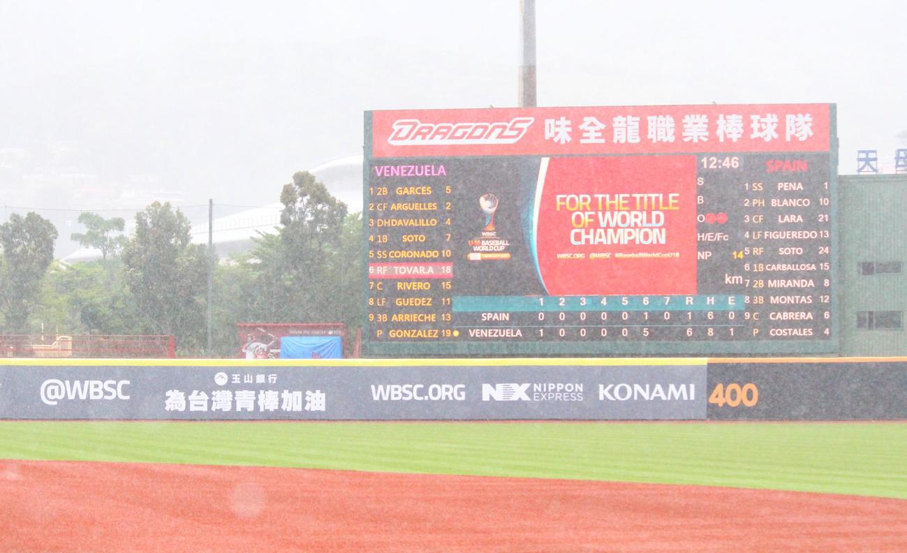 台風の影響で雨が降り続ける台北市立天母野球場（撮影・保坂恭子）