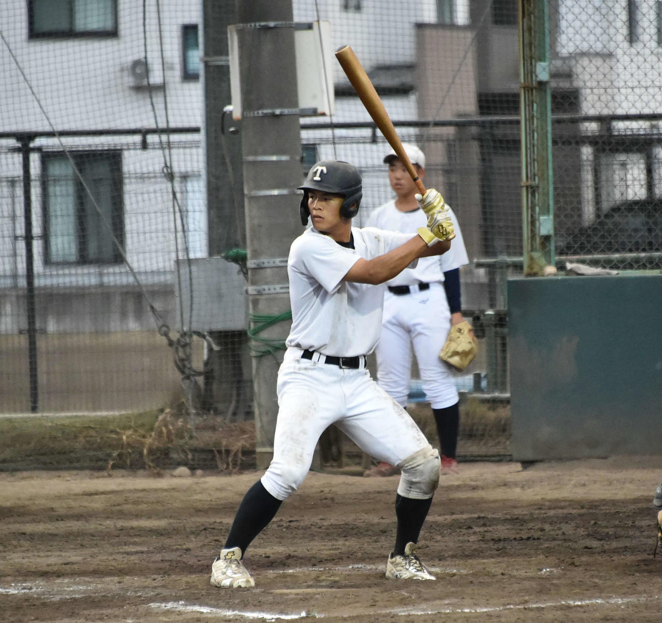 シート打撃でどっしりとした構えから長打を放つ渡辺
