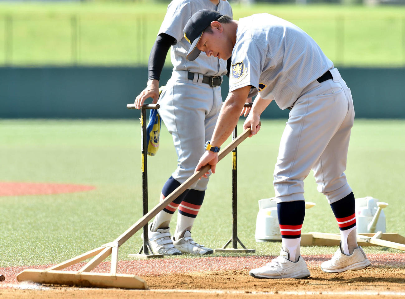 東北対仙台育英　試合前、丁寧にグラウンドを整備する仙台育英・須江監督（撮影・相沢孔志）