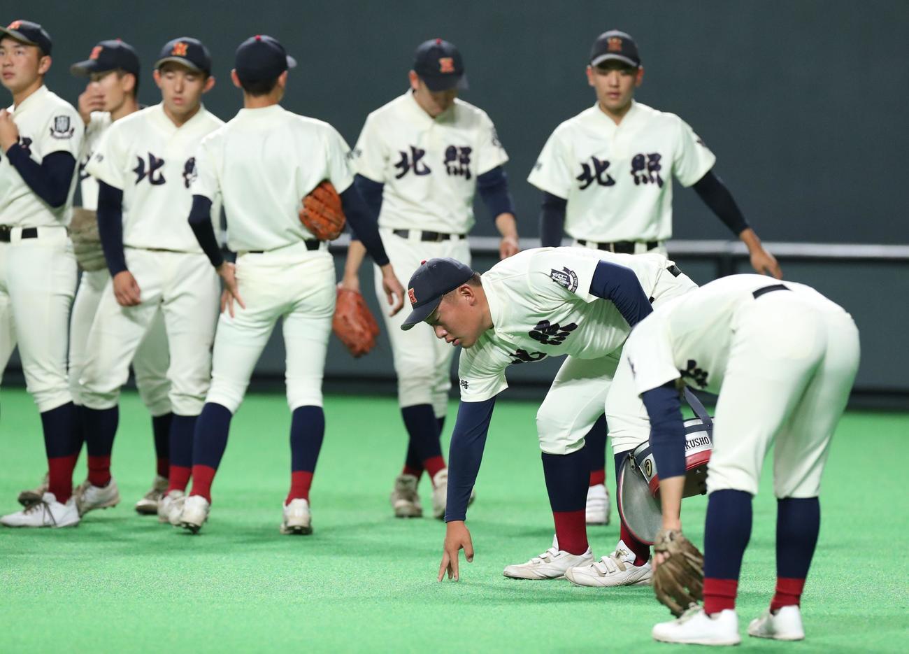 札幌ドームの芝を確認する北照ナイン（撮影・佐藤翔太）