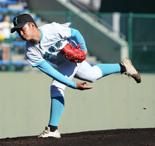 山梨学院対昌平　山梨学院の先発桜田（撮影・たえ見朱実）