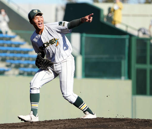 山梨学院対昌平　4回表山梨学院1死一、二塁、萬場を併殺打に打ち取りポーズを決める石井（撮影・たえ見朱実）