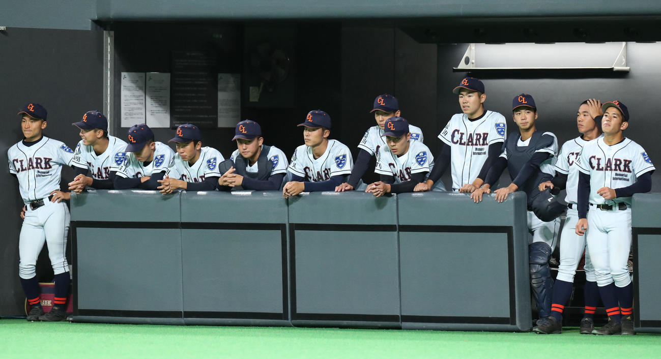 北海対クラーク　7回裏、10点差をつけられ肩を落とすクラークベンチ（撮影・佐藤翔太）