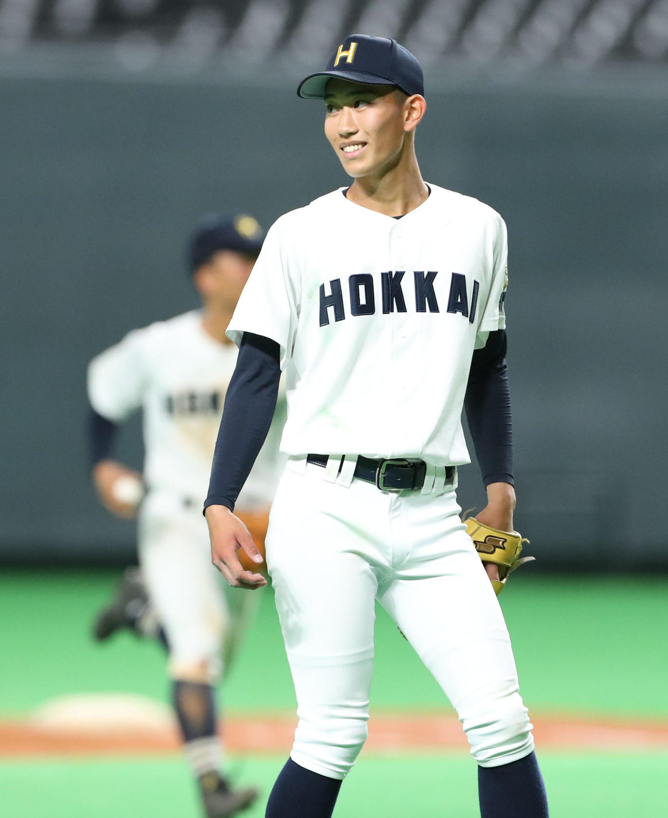北海対クラーク　クラークに7回コールドで勝利し笑顔を見せる北海・松田（撮影・佐藤翔太）