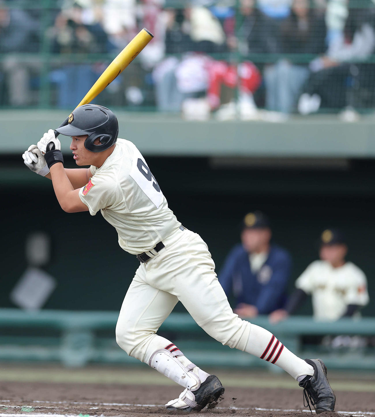 作新学院対山梨学院　3回表作新学院2死三塁、中前適時打を放つ広田（撮影・河田真司）