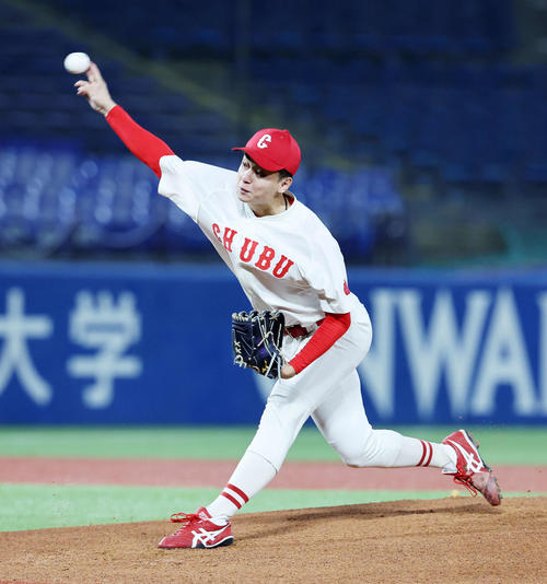 日体大対中部学院大　力投する中部学院大先発の宮島（撮影・鈴木正人）