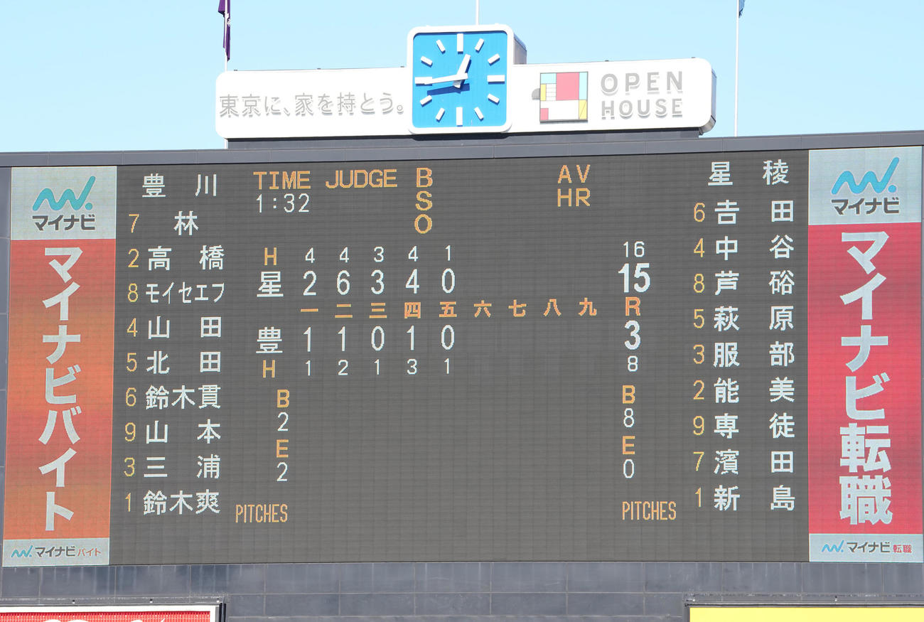 星稜対豊川　豊川に星稜が5回コールド勝ちした試合のスコア（撮影・鈴木みどり）