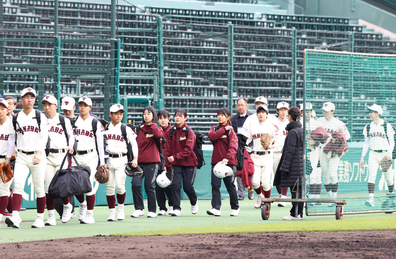 甲子園練習でベンチへ向かう田辺の選手ら（撮影・上山淳一）