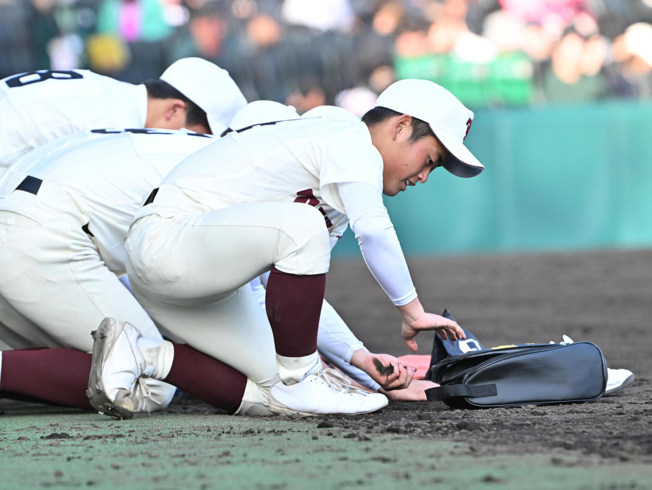 星稜対田辺　甲子園の土を集める田辺ナイン（撮影・石井愛子）