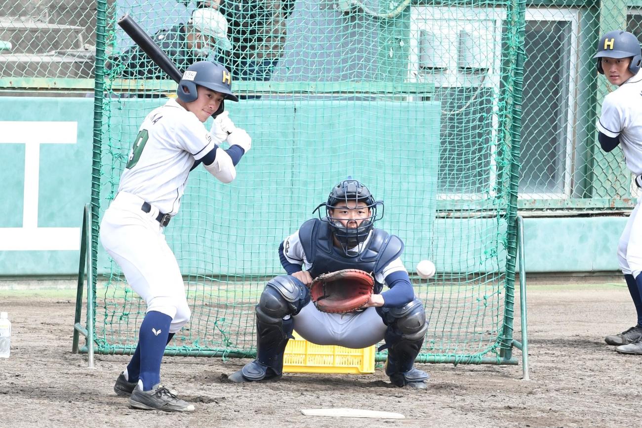 球速を150キロに設定したマシンを使って目を慣らす練習をする北海の片岡（撮影・石井翔太）