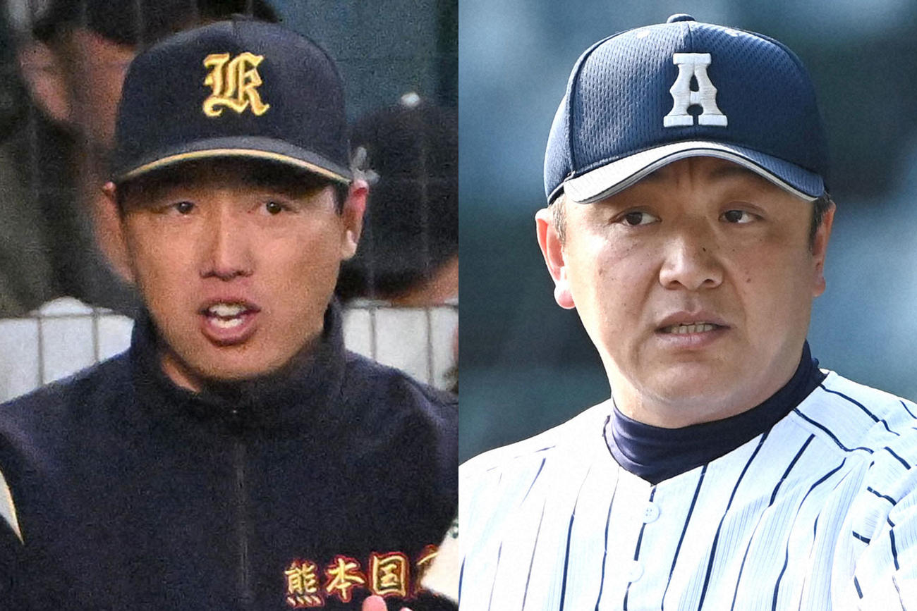 熊本国府・山田祐揮監督（左）、阿南光・高橋徳監督